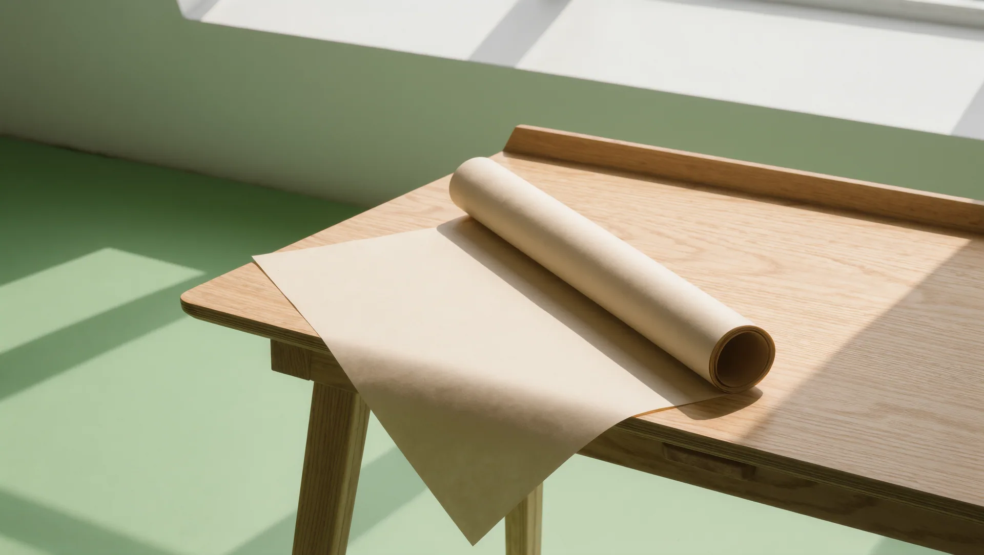 Heller Arbeitstisch mit Bauplänen in einem Architekturbüro