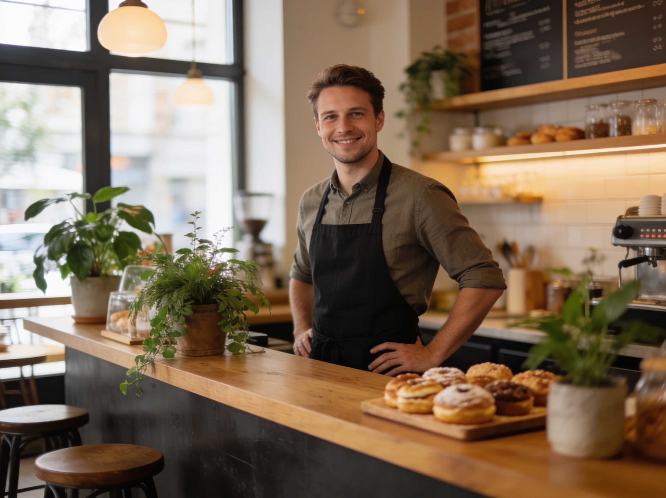 Inhaberin in einem modernen Café hinter dem Tresen