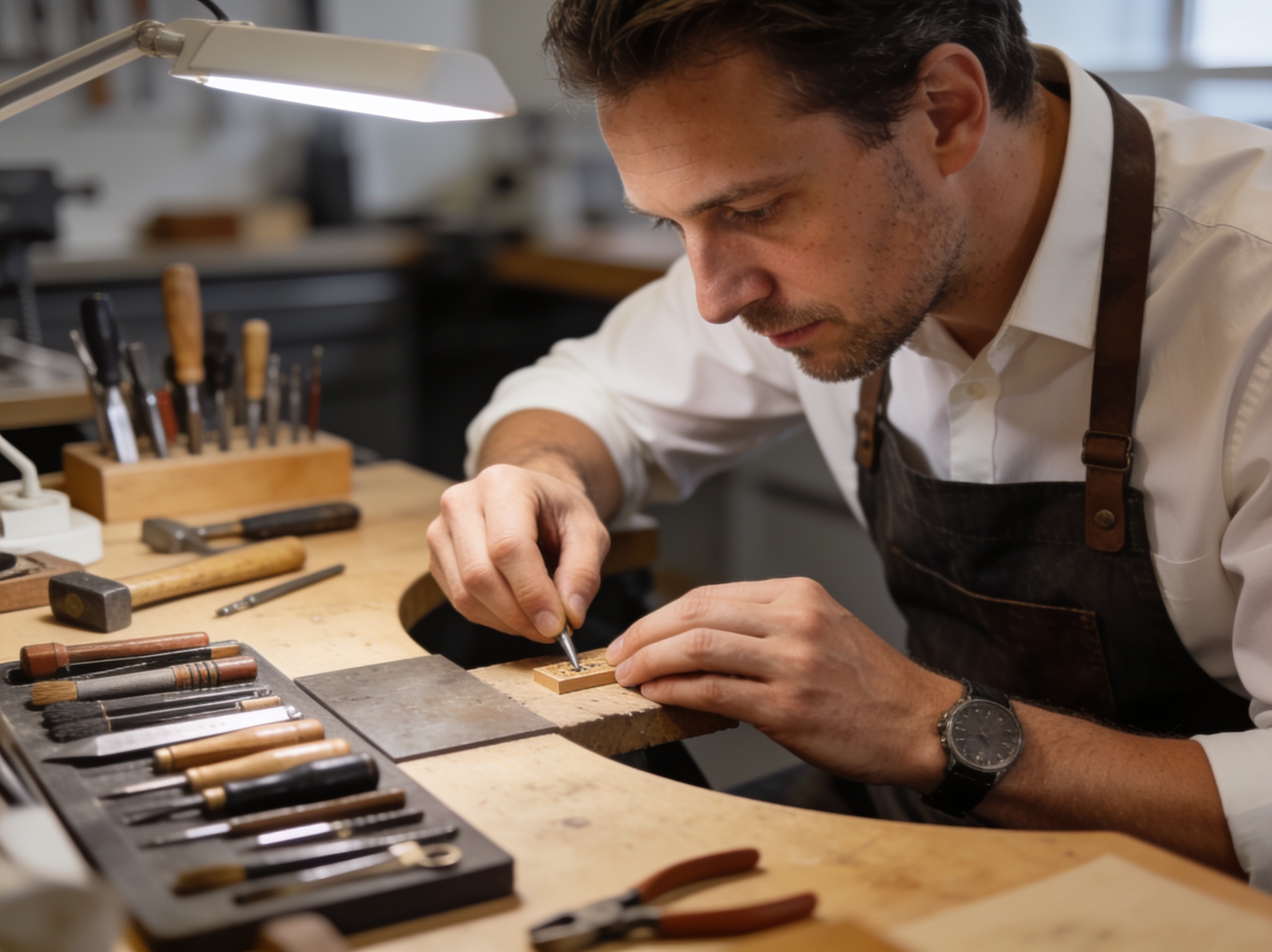 Handwerker bei der Detailarbeit in einer modernen Werkstatt